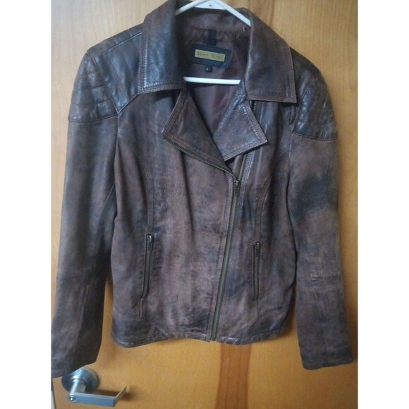 Black Rivet Brown Leather Jacket Zip to Close Sleeve/Pockets with Zippers SIZE L - Picture 2 of 5